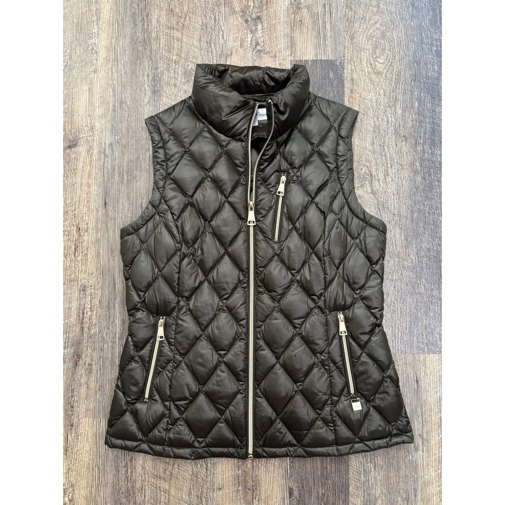 Calvin Klein Womens Quilted Down Puffer Vest Brown Espresso Gold Zip Size L